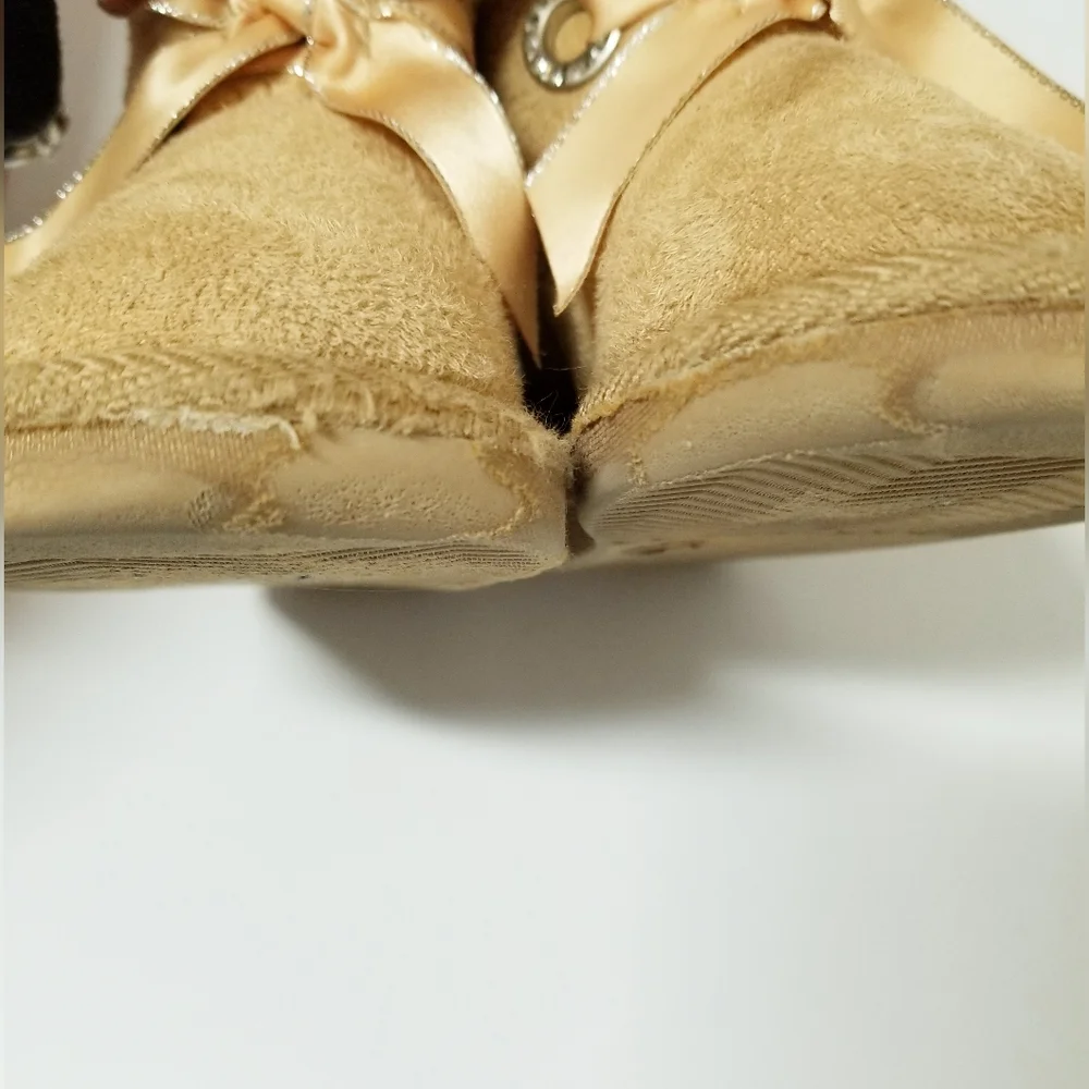 Bebe Toddler Girl's Tan Mid Calf Logo Boots with Satin Bow & Rhinestone Baby 7